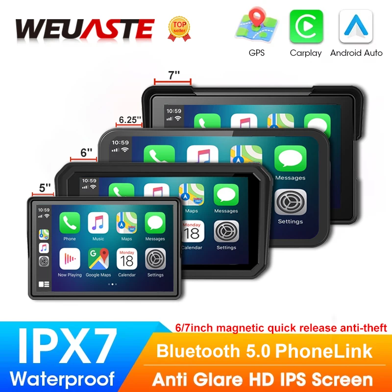 

WEUASTE 7-дюймовый мотоциклетный видеорегистратор с CarPlay, GPS-навигацией, беспроводным CarPlay и Android Auto, портативный магнитный монитор для мотоциклов