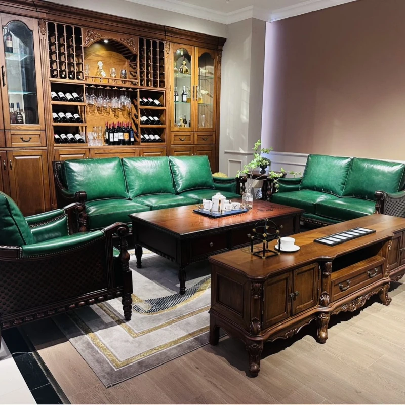 

Retro dark green leather sofa villa living room first layer cowhide classical solid wood combination full first layer cowhide