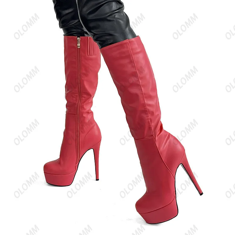 Olomm New Women Platform Knee Boots Full Side Zipper Stiletto Heel Round Toe Fuchsia Club Wear Shoes Ladies Plus US Size 5-20