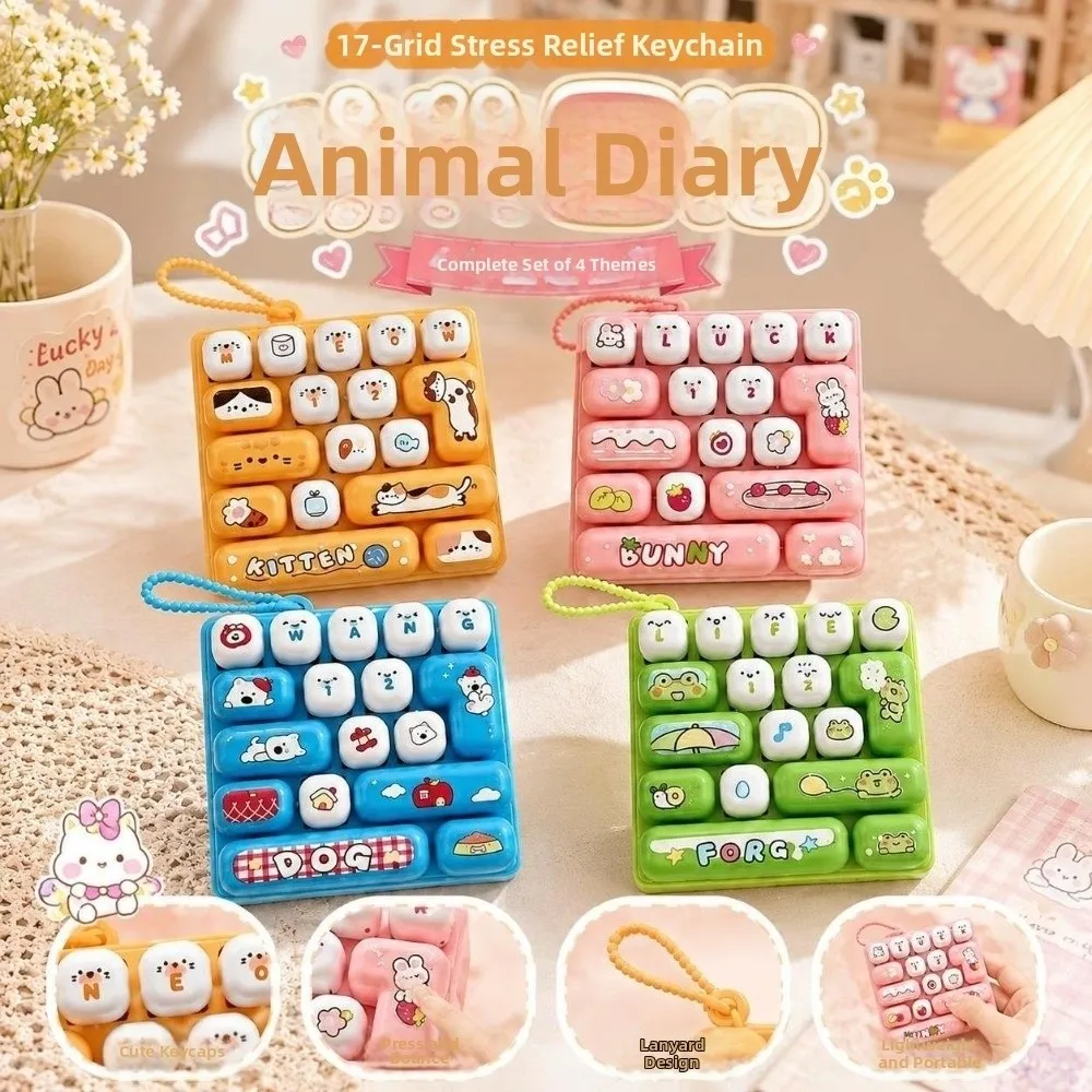 Cartoon 17 Keys Keyboard Keychain Animals Pressable Keys Keyboard Clicker Keychain Relaxed Creative Stress Relief Fidget