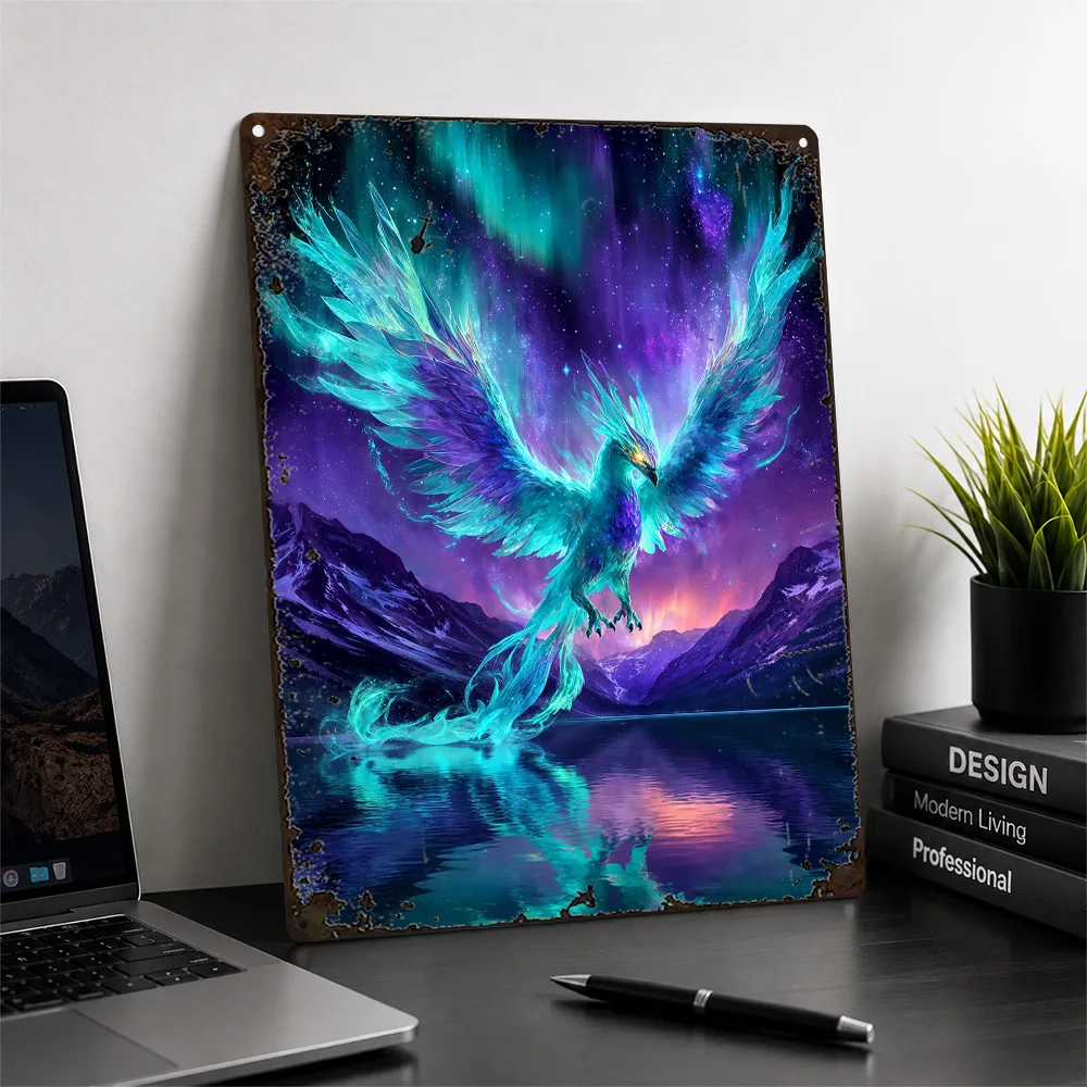 Phoenix Above Aurora Lake Printed Poster Fantasy Wall Art For Bedroom Personalized Aluminum Metal Sign Nature Lover Gift Idea