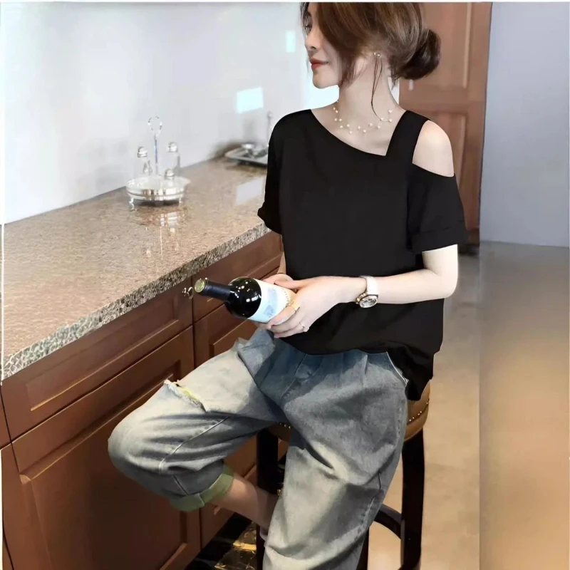 Casual Off Shoulder Solid Simplicity Pullovers Top Women Clothing Short Sleeve Loose Vintage T Shirts Fashion Lazy Style Summer