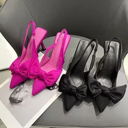 Slingbacks com nó borboleta para mulheres, salto fino, dedo apontado, salto alto para senhoras, sapatos de vestido sexy, novo, verão, 2024