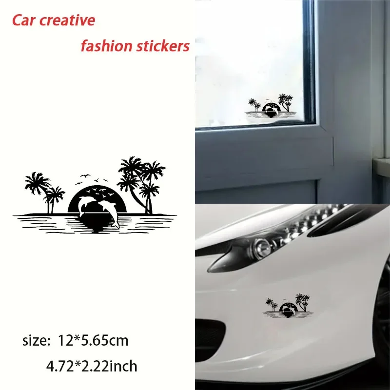 Dolphin Palm Tree Vinyl Decal 1PC Self Adhesive Sticker for RV Camper Car Glass Metal Plastic Surface Decor