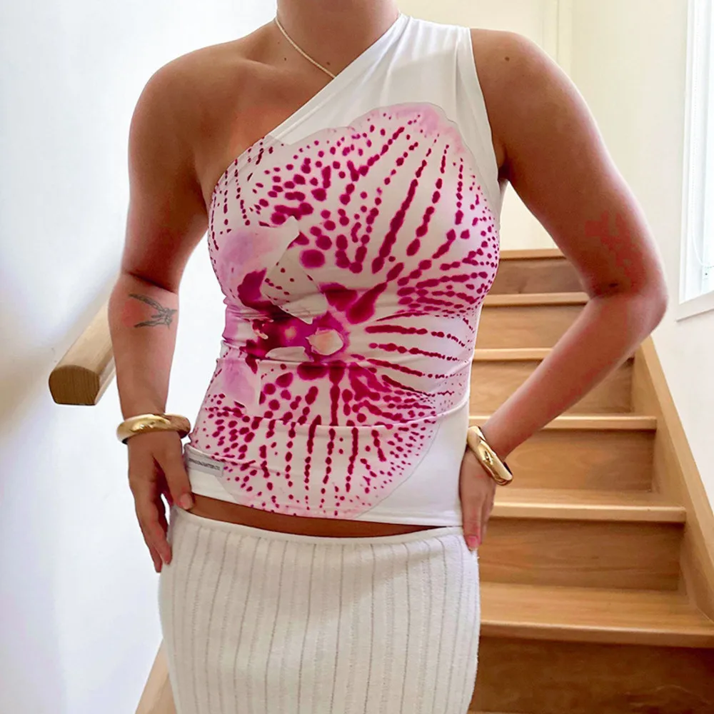 

2024 Womens Summer New Off Shoulder Printed Casual Tops Fashion Versatile Blouse Trendy Chic Streetwear Tee Shirt