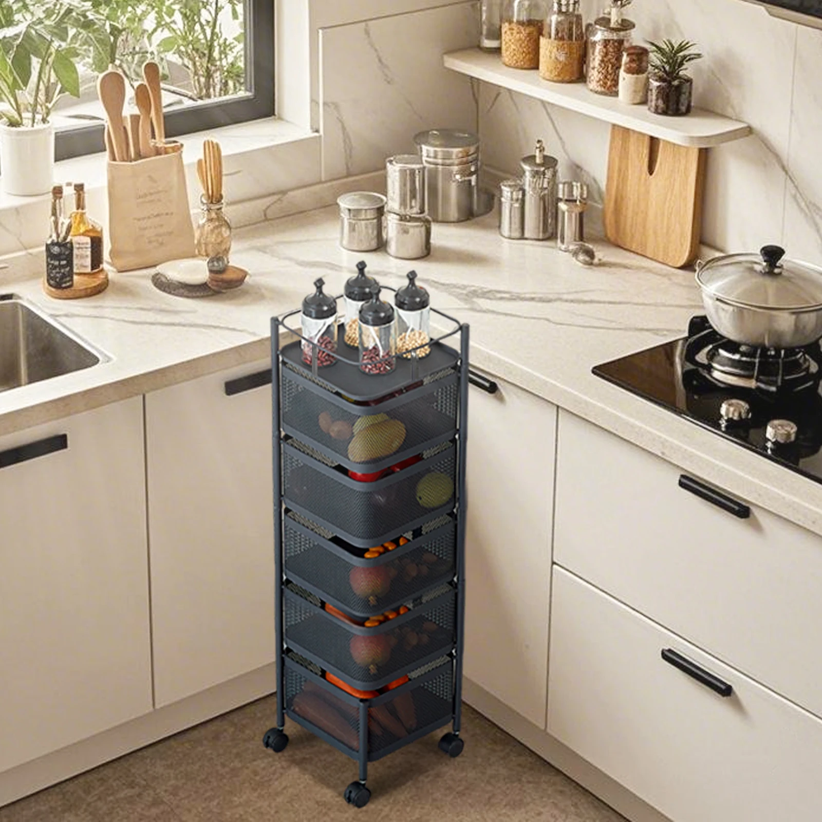 

Rotating Kitchen Storage Rack, 5-Tier Multi Layer Removable Basket Shelf Organizer On Rolling Wheels, Bathroom Storage Organizer For Kitchen Living Room