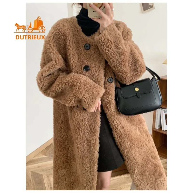 24 invierno nuevo abrigo de piel para mujer, abrigo de lana de cordero de oso de peluche con cuello redondo largo Simple chaqueta cálida de doble botonadura para mujer para trabajar