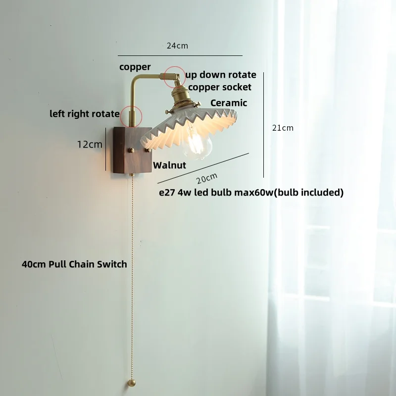 IWHD Nordic Modern LED Wall Lamp Living Dining Room Walnut Wood Rotatable Ceramic Copper Pull Chain Switch Bathroom Mirror Light