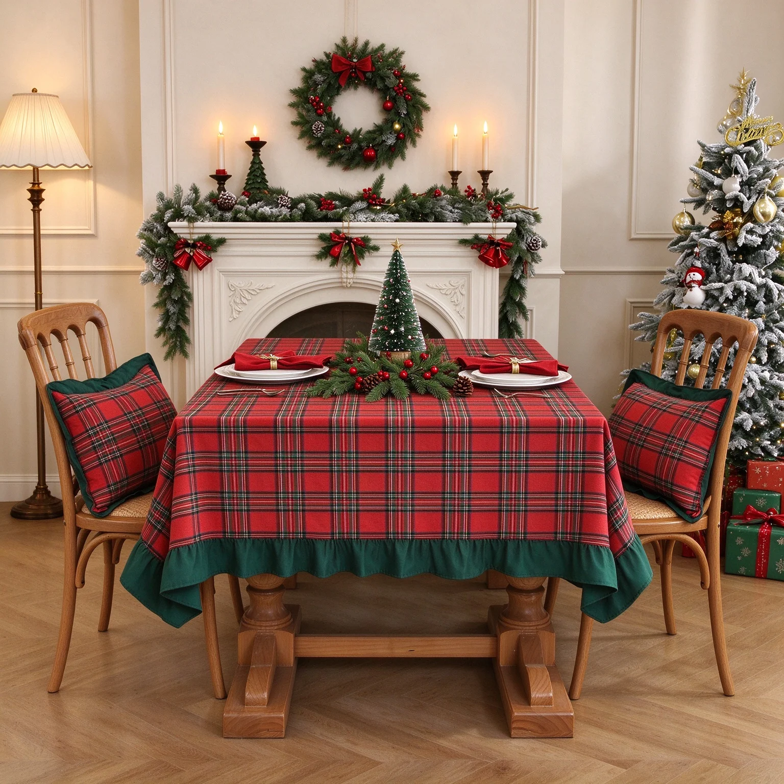 Christmas Plaid Ruffle Tablecloth Winter Xmas Checkered Tablecloth Farmhouse Buffalo Gingham Table Cover for Dining PartyHoliday