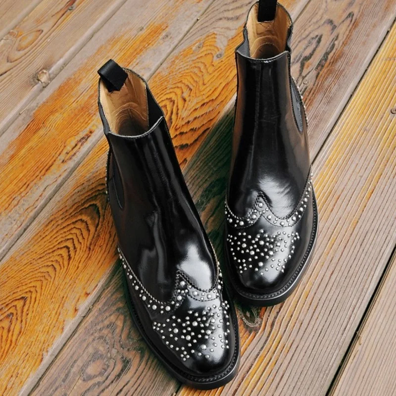 Genuine Leather Classic Chelsea Boots Woman Slip On Ladies Rivets Ankle Boots Simple Comfortable Winter Warm Shoes Size 43