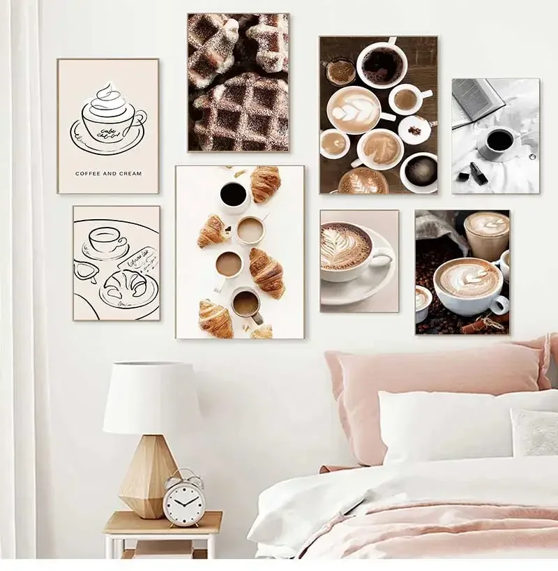 Vintage Latte Coffee Croissant Lines Cookie Posters And Prints Canvas Painting Wall Art Pictures For Living Room Home Shop De