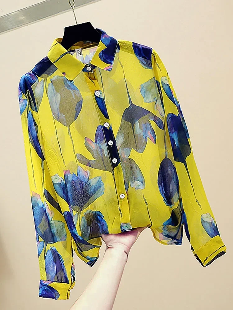 Spring Summer Women's Chiffon Shirt Tops New Retro Fashion All-match Printed Long Sleeve Blouses Y585