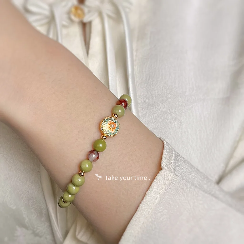 Beaded Bracelet for Women 2026 Sweet Forest Style Avocado Green Natural Alashan Stone Enamel Painted Spring Daily Wear Jewelry