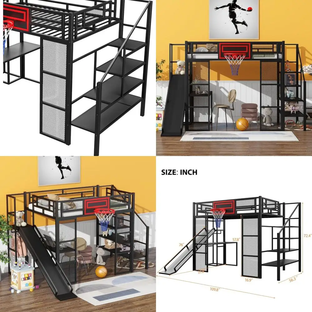 

Металлическая кровать-чердак в индустриальном стиле с горкой, лестницей, баскетбольным кольцом и местом для хранения для детей