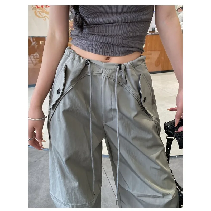 Cool and Trendy Street Hiphop Paratrooper Workwear Pants for Women High-waisted, Drawstring, Wide-leg Trousers for Men in Summer