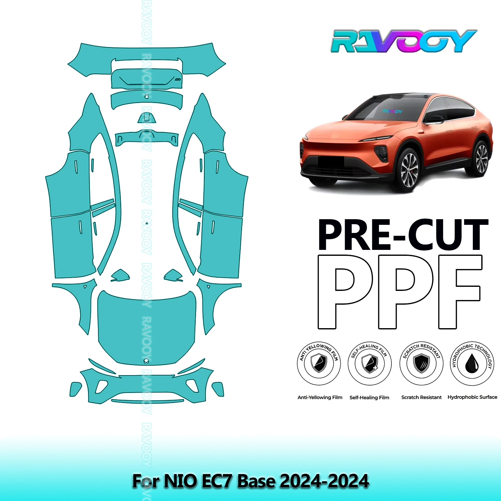 RAVOOY Vehicle-Specific Precut TPU Paint Protection Film Full Vehicle Clear Bra Stone Chip Guard For NIO EC7 Base 2024-2024