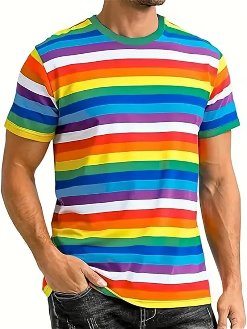 Men's Rainbow Stripe Print T Shirt Casual Crew Neck Short Sleeve Tee Multicolor Horizontal Striped Top for Pride and Summer Wear