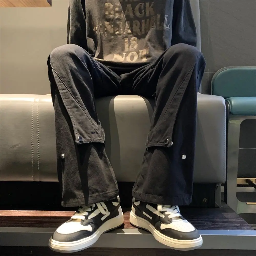 American Style High Arcade Fashion Jeans Men'S Design Sense Solid Color Breasted Spring Autumn Casual Loose Fitting Trend Pants