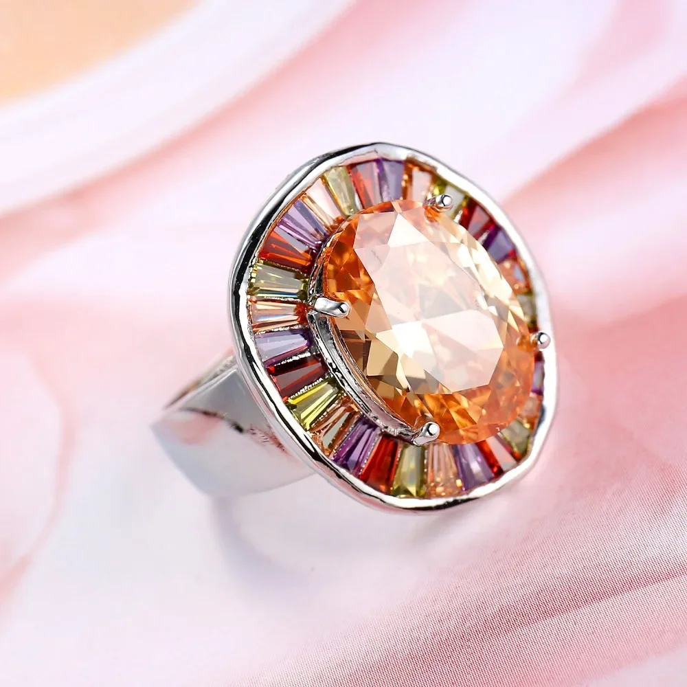 New Statement Bridal Big Round Colorful CZ Finger Silver Color Stamp Rings Champagne Cubic Zircon Jewelry for Women Party Gift