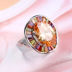 New Statement Bridal Big Round Colorful CZ Finger Silver Color Stamp Rings Champagne Cubic zircone Jewelry for Women Party Gift