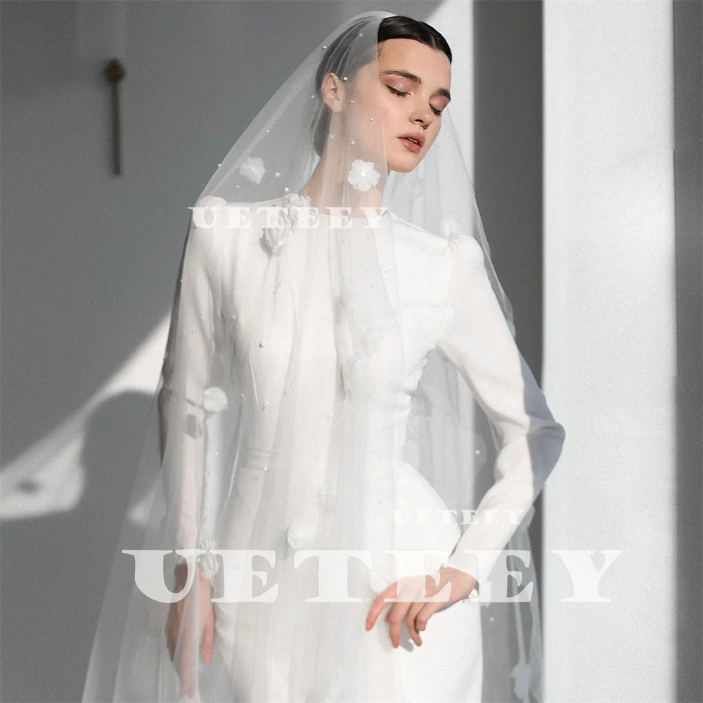 UETEEY Customized Muslim O Neck Long Puff Sleeves Crepe Mermaid Wedding Dress Women Zipper Back Floor Length vestidos de novia