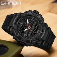 SANDA Men Watches 5ATM Waterproof Sport Watch Military Man Alarm Stopwatch Quartz Wristwatch Men LED Digital Dual Display Clock