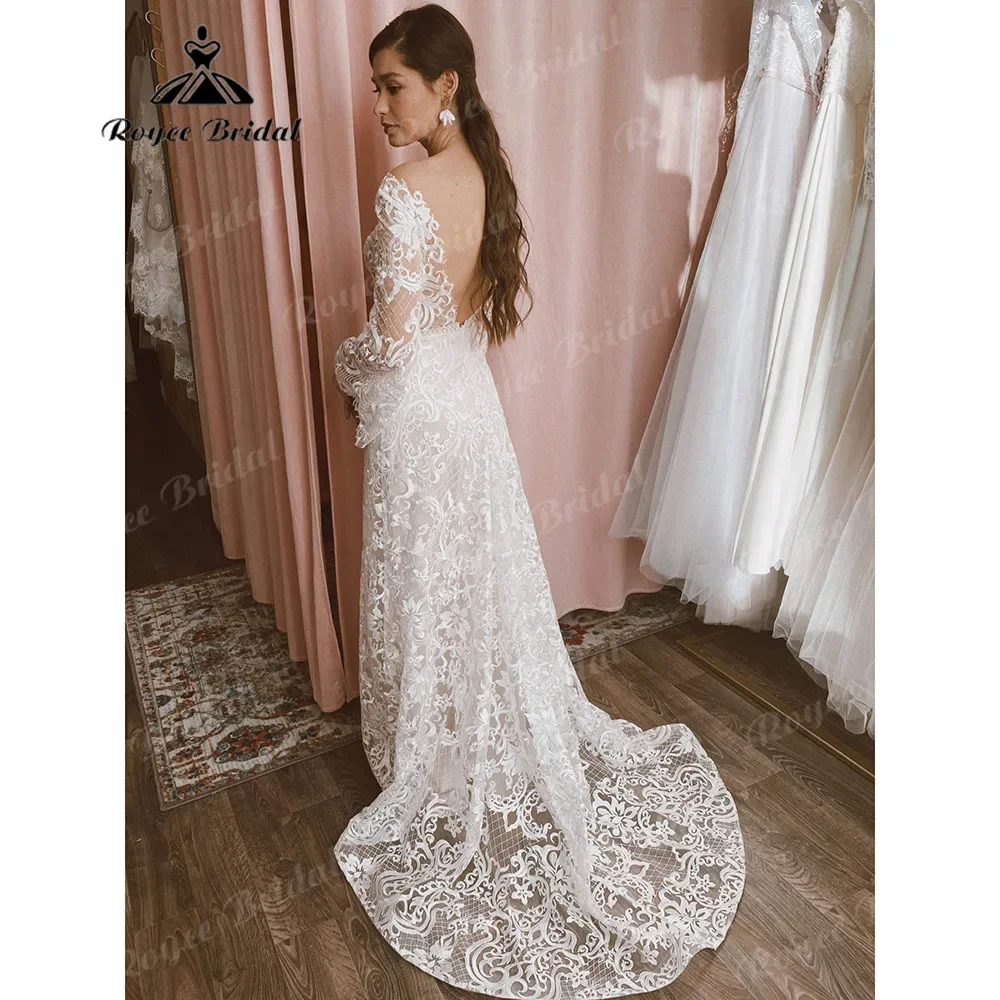 Elegant Boheme Women Long Puff Sleeve Boho Wedding Dress with V Neck Backless 2025 Bridal Gowns robe mariage femme Roycebridal