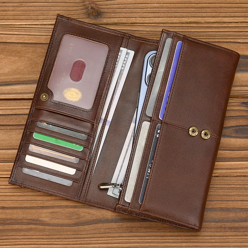 

Складной кошелек из натуральной кожи для мужчин и женщин, длинный бумажник из воловьей кожи, кредитница, держатель для телефона, рождественский подарок