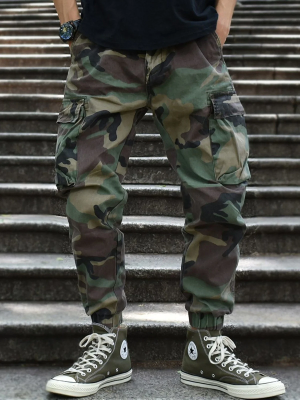 

IT Ins камуфляжные рабочие брюки мужские свободные брюки из чистого хлопка в американском стиле ретро с поясом и несколькими карманами