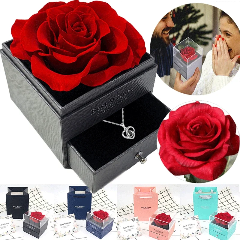 

Christmas Eternal Rose Jewelry Box Rose Flower Ring Earrings Necklace Storage Case Valentines Artificial Eternal Jewellery Case