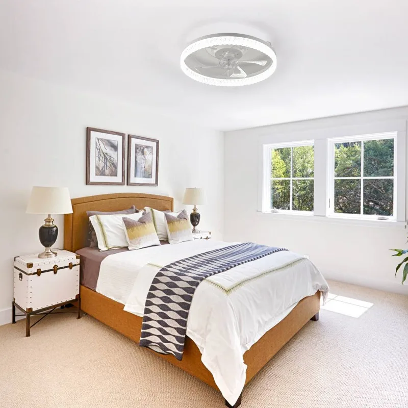 Crystal - Decorated Ceiling Fan with White  Light Modern Retractable Blade Chandelier Fan for Living Room and Bedroom