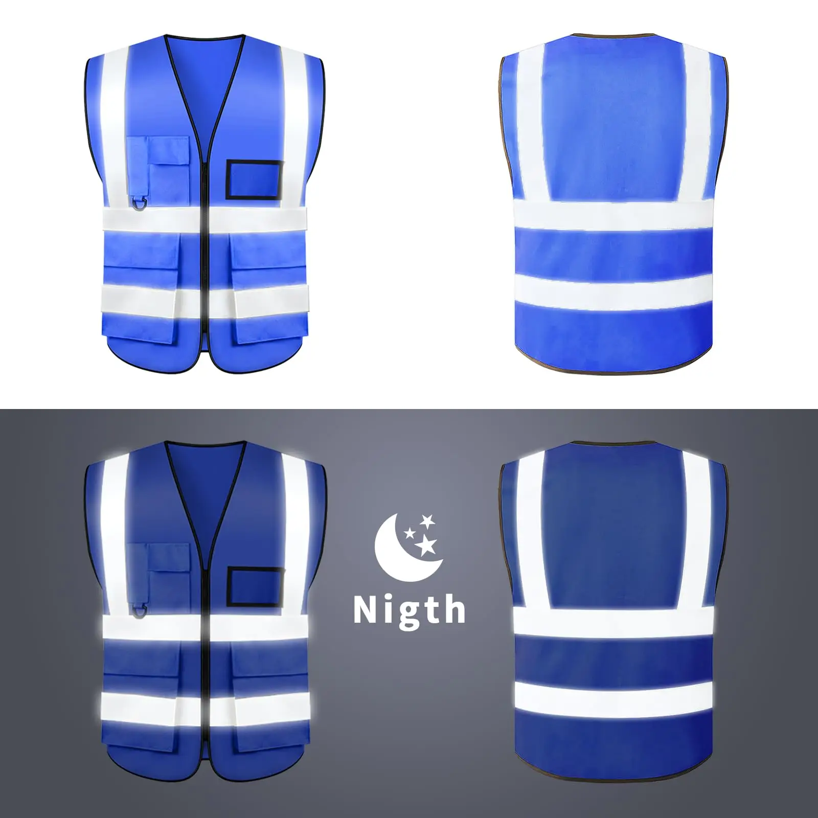 Blue High Visibility Reflective Vest Multiple Pockets Front Zipper Construction Security Work Safety Vests Working Clothes