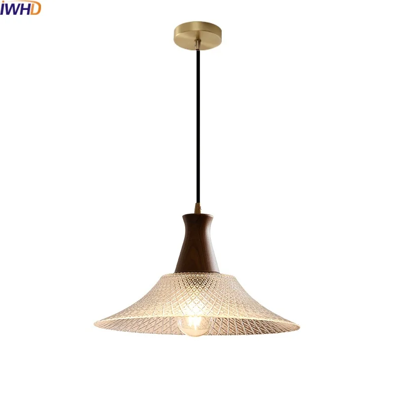 

IWHD Wood Glass LED pendant Lamp Living Room Bedroom Kitchen Modern Hanging Light Fixtures Suspension Luminaire