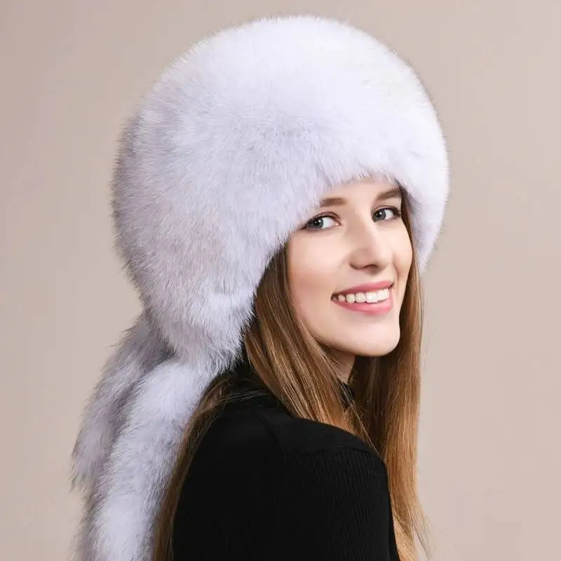 Genuine Fox Fur Hat Full Fox Tails Craft Cap Ladies Winter Cute Hats For Women Fashion Warm Russian Trapper Earflap Fur Cap