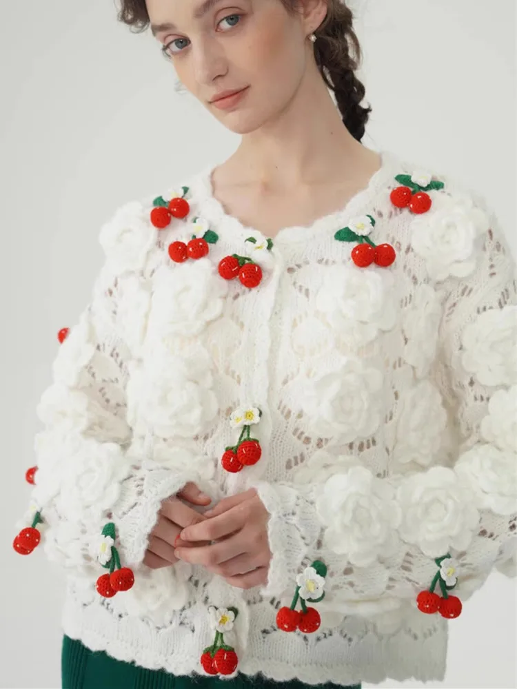 

110 см, осенне-зимние кардиганы на груди, свитера для женщин, Mori Girls, элегантный крючок ручной работы с цветами, ажурный кашемировый шерстяной вязаный свитер