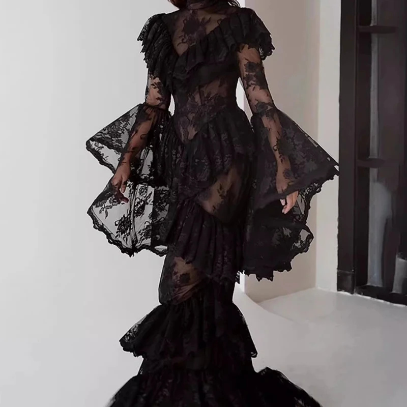 

Элегантное вечернее платье с воротником-стойкой, однотонное, с сексуальной кружевной вышивкой, приталенное, в стиле русалка, для торжественных мероприятий