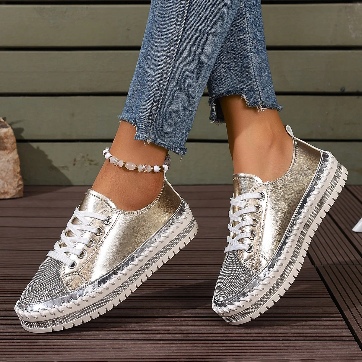 Casual shoes for women 2025 women's shoes sponge cake loafers water diamond thick soled board shoes