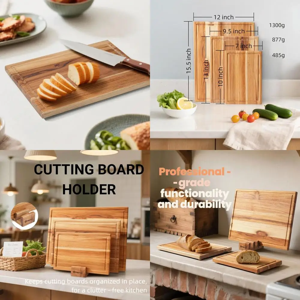 

Durable Wooden Cutting Board Set with Stand, 3-Piece Kitchen Set, Splinter-Free, Non-Slip, Deep Juice Groove