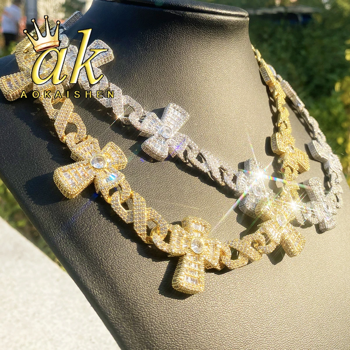 Aokaishen Iced Out Cross Infinity Link Chain for Men 5A Cubic Zirconia Gold Plated Hip Hop Jewelry