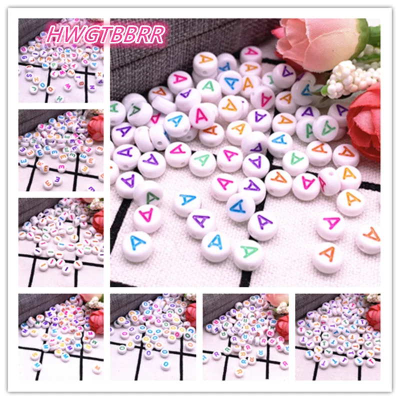 Imagen: Nuevo 100 unids/lote 7x4mm A-Z letras del alfabeto redondas coloridas cuentas espaciadoras sueltas acrílicas para fabricación de joyería accesorios de pulsera DIY