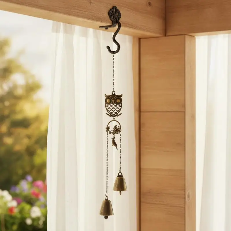 Forest-style Metal Owl Double Bell Wind Chime Entryway Door Decoration Christmas And Thanksgiving Gift