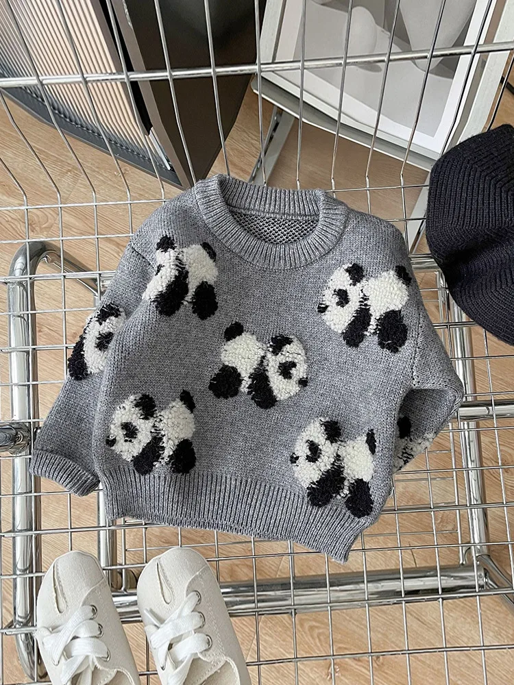 Spring And Autumn Baby Clothes Korean Version Of Children\'s Panda Embroidered Crewneck Sweater Casual Clothes For Boys And Girls