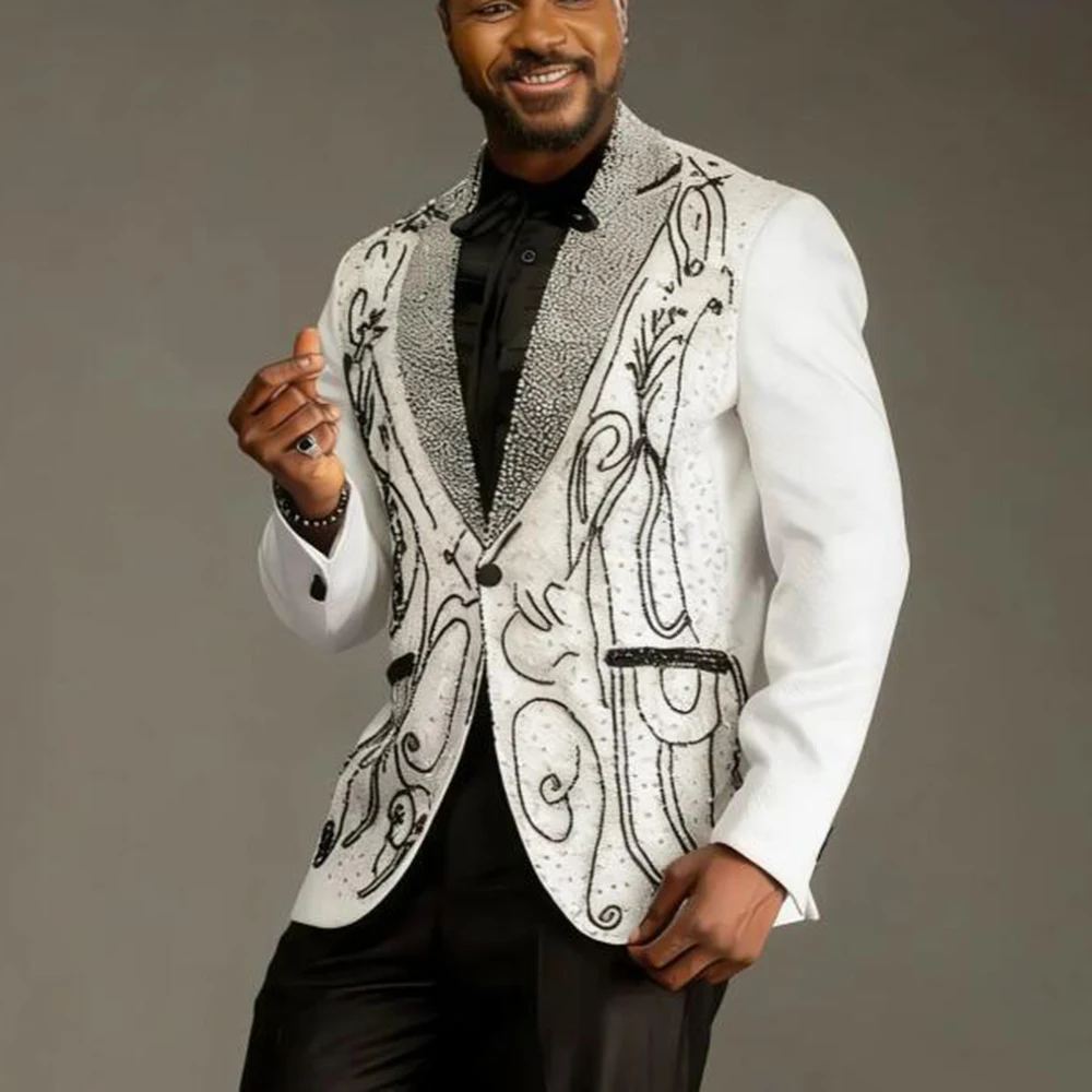 

Handsome Men Suits Sparkly Rhinestone Beaded Jacket Customized Peaked Lapel Blazer Groom Tuxedos 2 Piece Sets Coat Black Pants