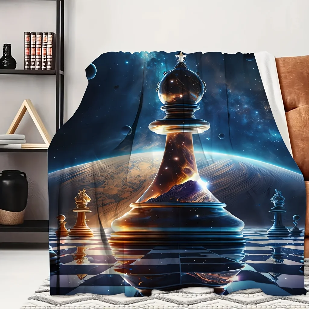 1pc Chess Planet Dark Space Sci-Fi Fantasy Print Flannel Blanket, Portable And Practical, Suitable for Blankets, Bed Covers, Dor