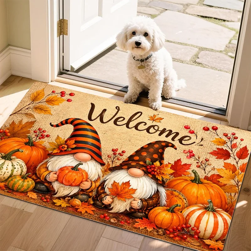 Autumn Decor Doormat, Retro Orange Pumpkin Gingham Bow Maple Print Floor Mat, Welcome Rug for Home Entrance Hallway Seasonal