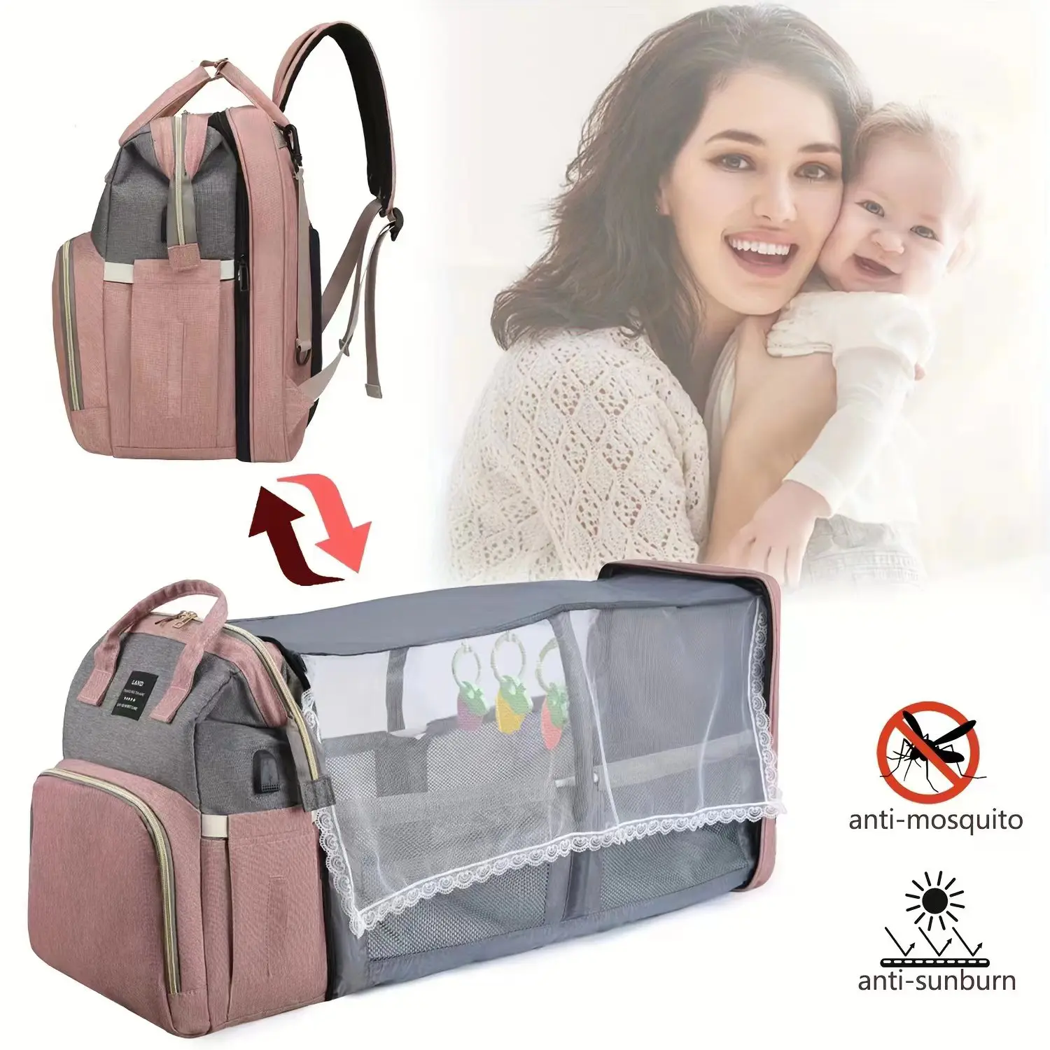 New Mommy Baby Diaper Backpack Changing Pad Shade Mosquito Net Wet and Dry Carrying USB Charging Port Stroller Hanging Bag F