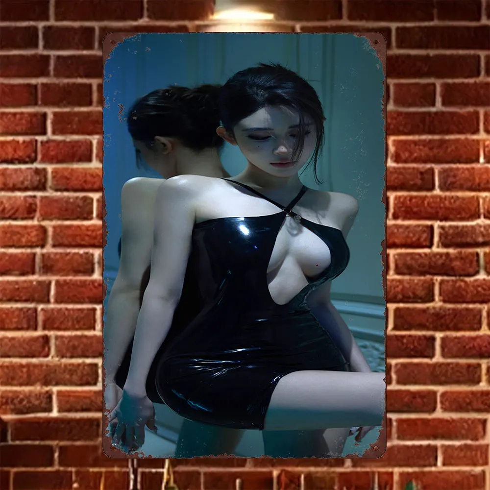 HD Tin Sign Vintage Asian Girl in Black Latex Mini Dress with Mirror Reflection Metal Wall Art Retro Decor for Home Bar Cafe