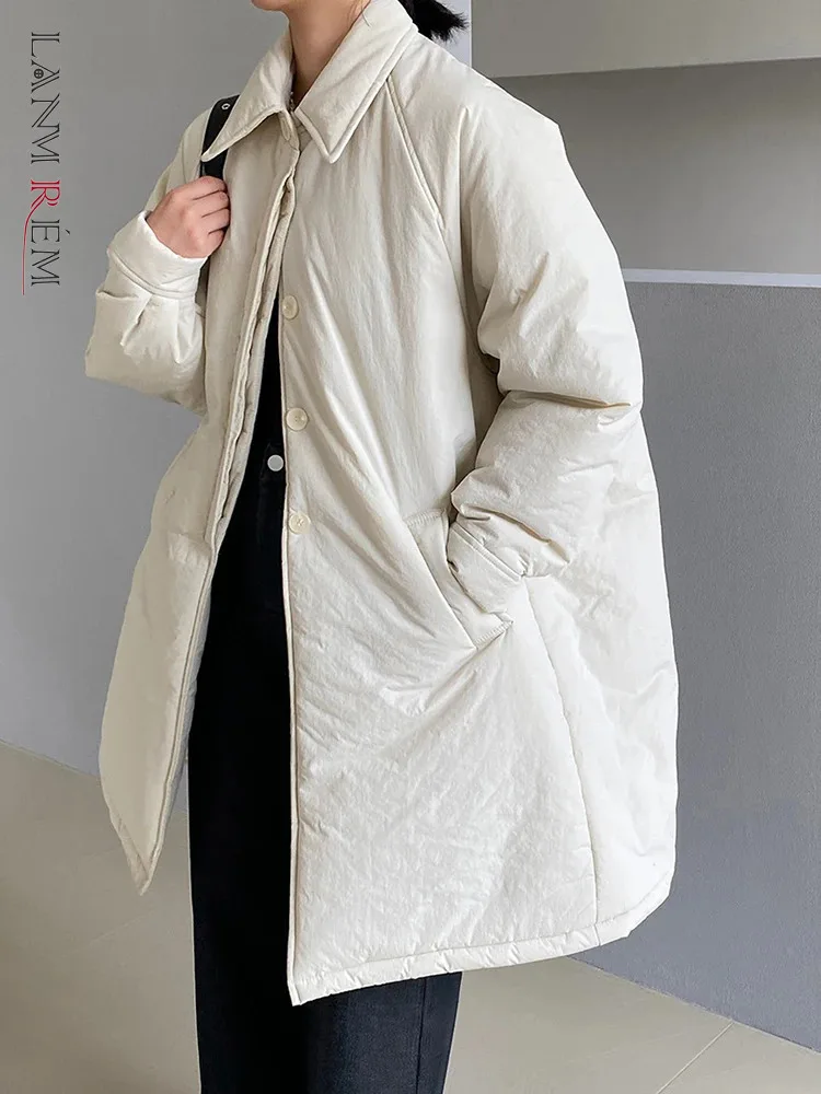 [LANMREM] Thick Warm Cotton Coats Women\'s Lapel Single Breasted Casual Loose Outwear Minimalism Clothes 2024 Winter New 26C1077