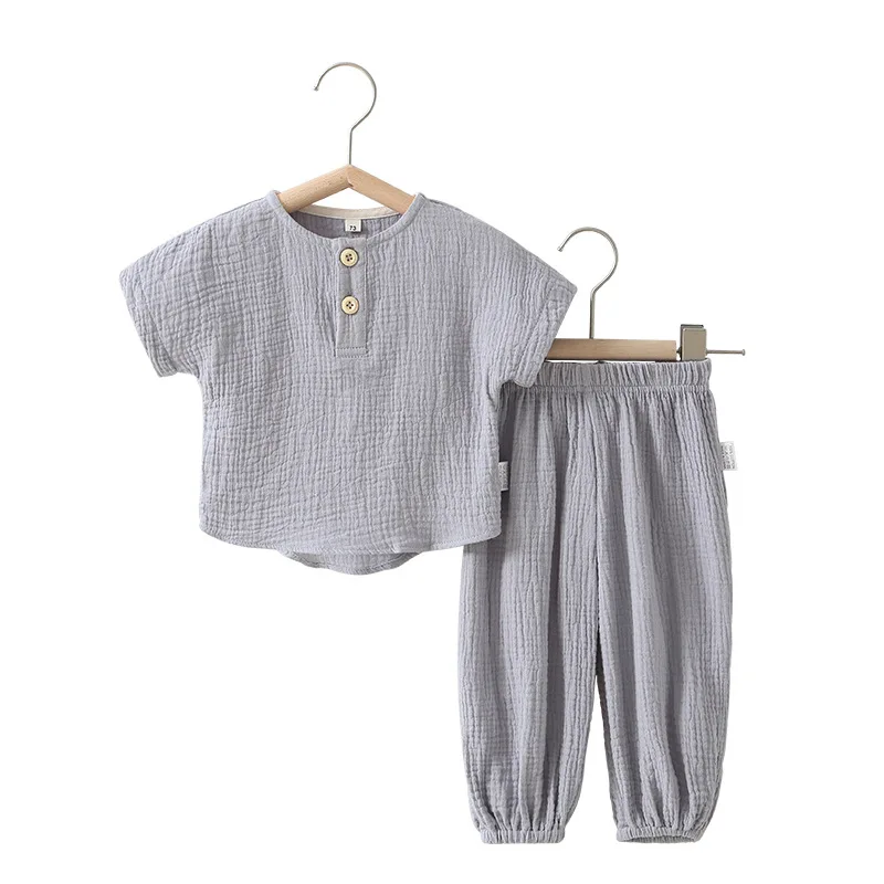 

Baby Suit 2023 Summer Short Sleeve Cotton Gauzeo-neck Solid Pullover Tops Thin Long Pants Two-piece Set Pajamas