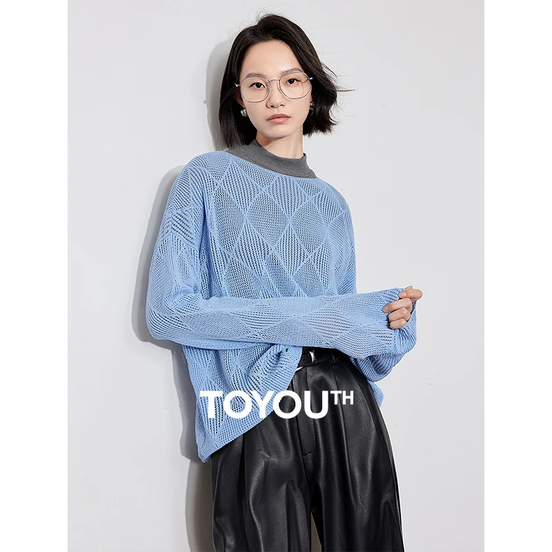 TOYOUTH Women Knitted Sweater 2024 Autumn New Style Diamond Hallow Out Pullover Round Neck Tops